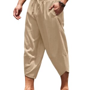 COOFANDY Mens Cotton Linen Baggy Harem Pant Casual Hippie Boho Beach Yoga Wide Leg Capri Pants with Pockets Khaki