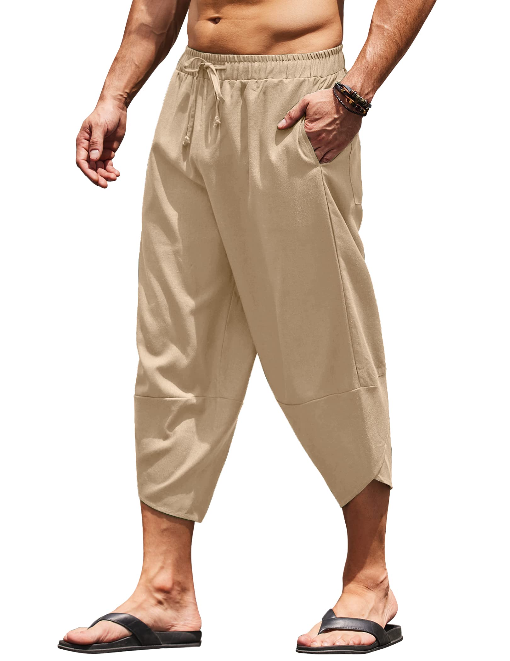 COOFANDY Mens Cotton Linen Baggy Harem Pant Casual Hippie Boho Beach Yoga Wide Leg Capri Pants with Pockets Khaki