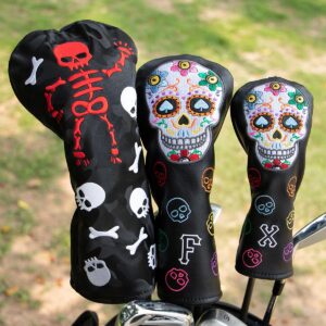 Montela Golf Club Covers,Colorful Skeleton Putter Cover Driver Covers Fairway Wood Headcover Hybrid Cover Leather Blade Putter Headcover Mallet for Brand