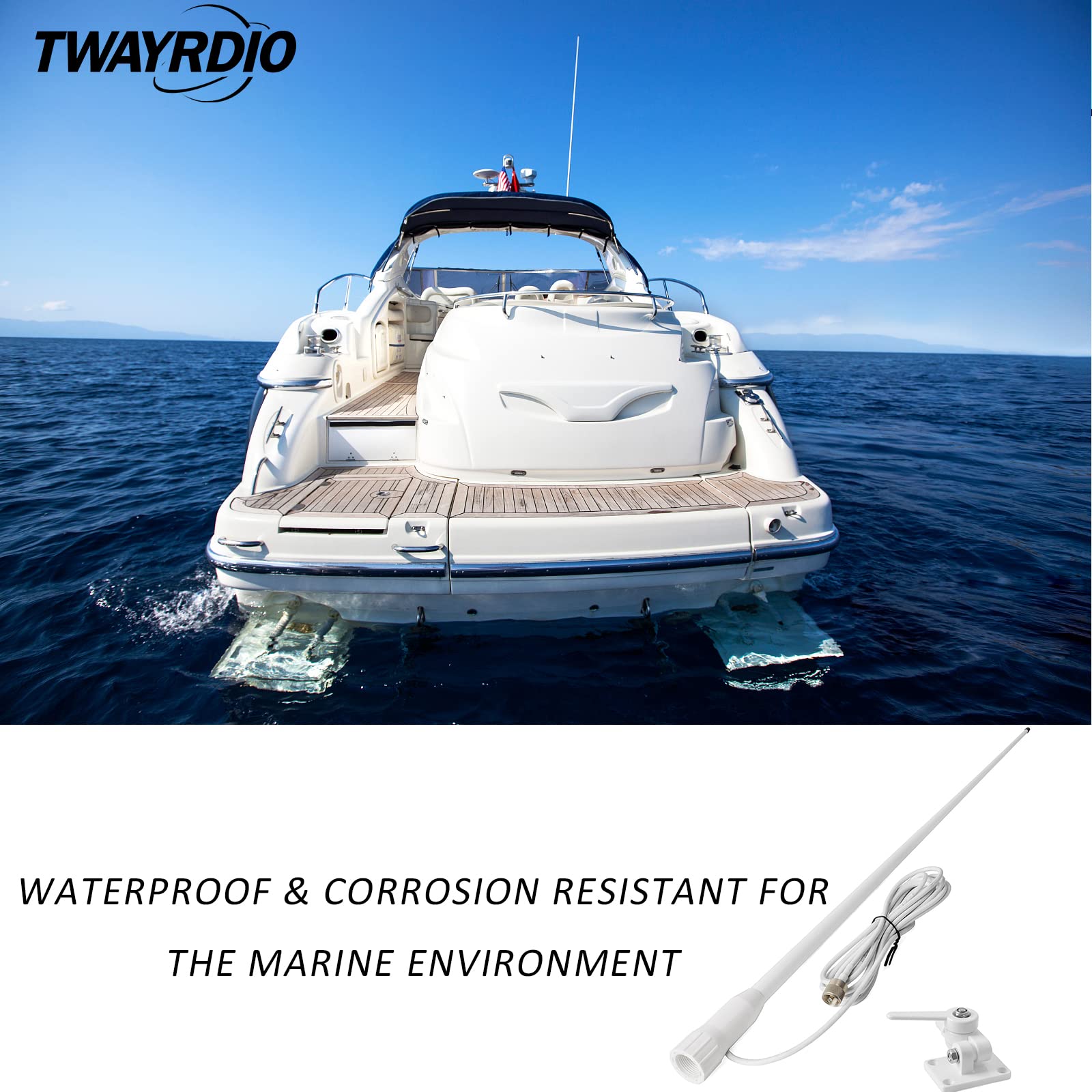 TWAYRDIO 43-Inch VHF Marine Antenna, Heavy Duty White Fiberglass Boat Antenna 3dBi Gain W/22.9ft Low Loss RG58 Coaxial Cable Built-in PL259 Connector and Nylon Ratchet Mount for Midland Uniden Radios