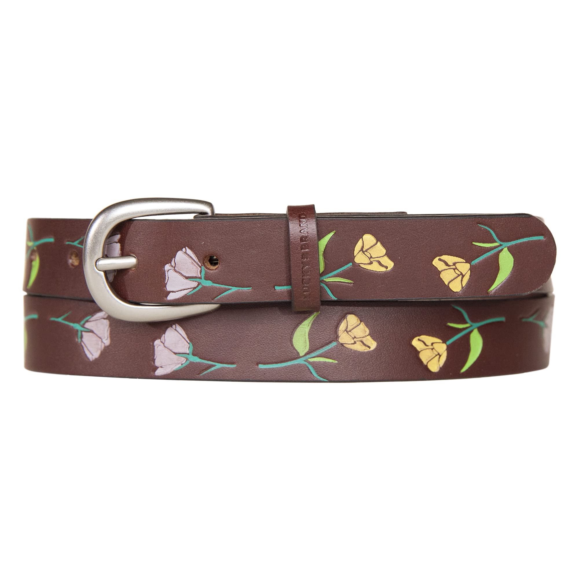 Lucky Brand Womens Jean Belt with Floral Embossed Design, Medium, Skinny Leather-Brown, M (28-30")