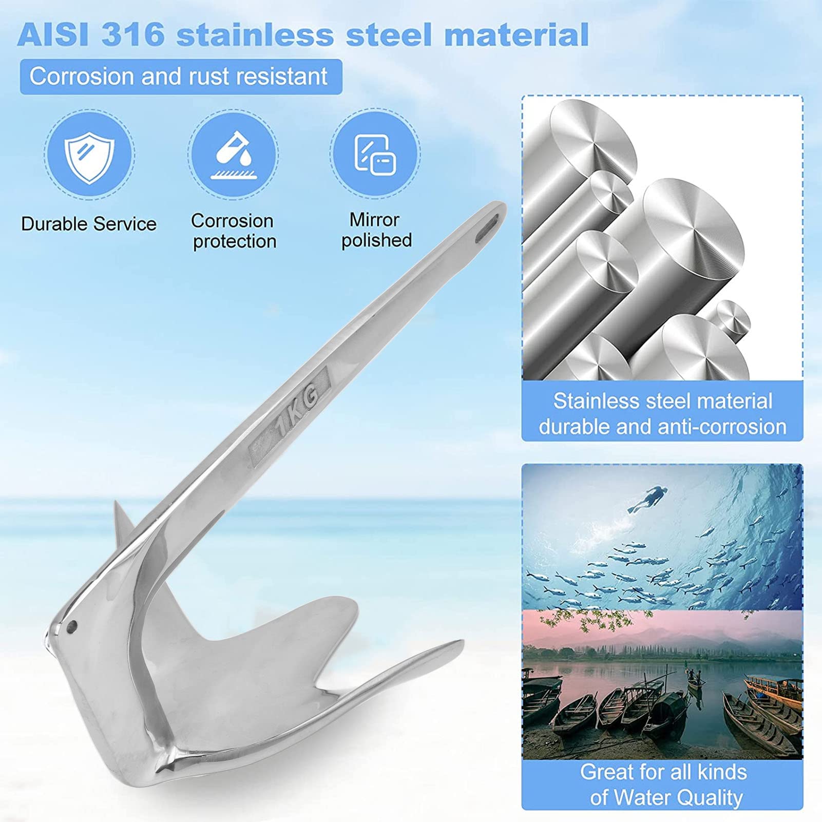 Aramox Boat Anchor, 1kg/2.2lb Claw Boat Anchor Heavy Duty 316 Stainless Steel Anchor Mirror Polish Marine Accessories