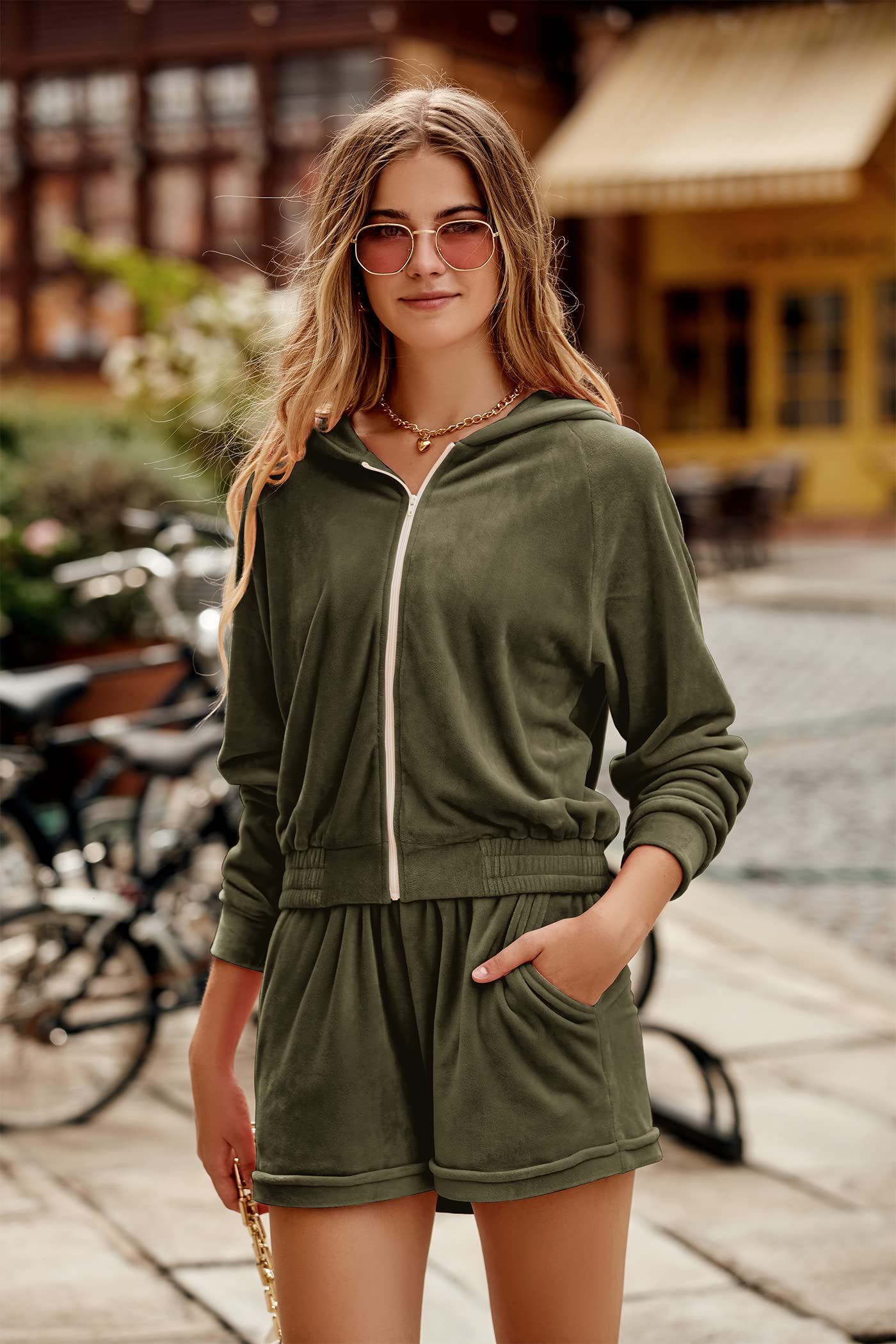 PRETTYGARDEN Women's 2 Piece Velour Tracksuit Casual Long Sleeve Zip Up Hoodie And Shorts Set Jogger Outfits (Army Green,Large)