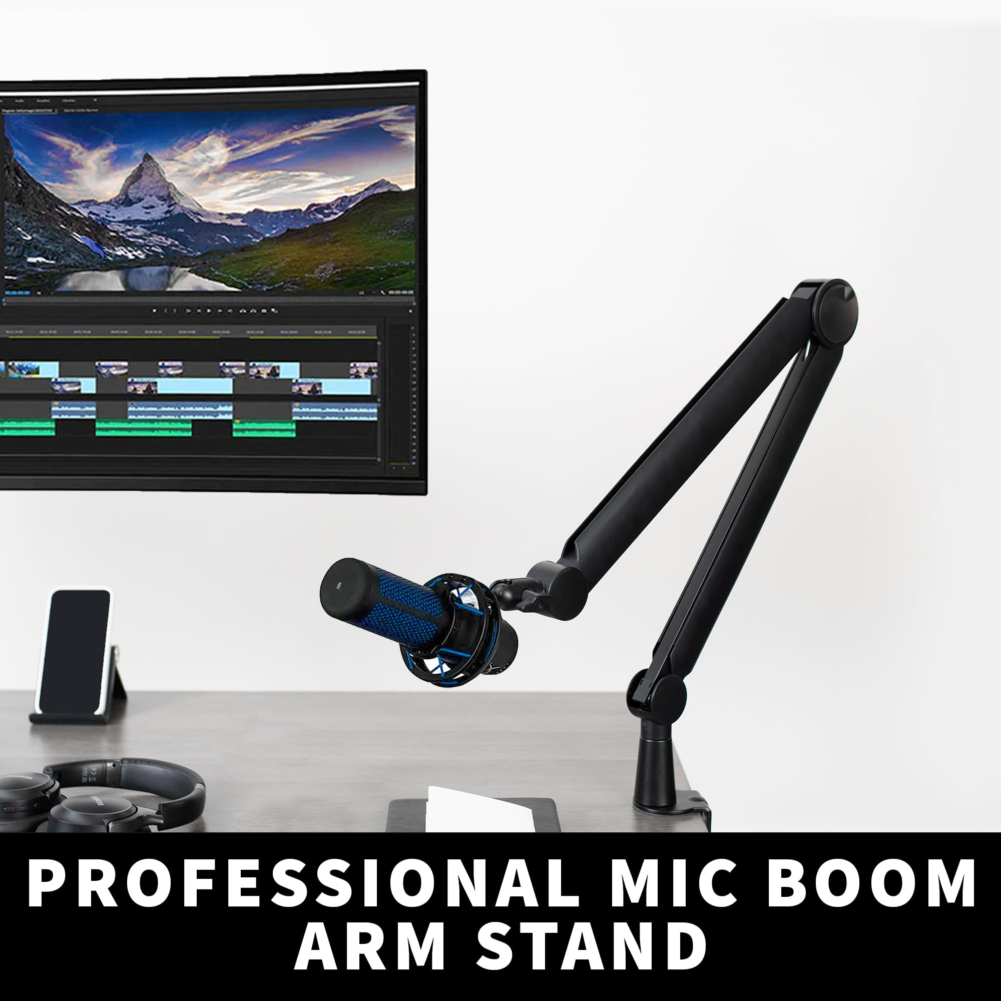 VIVO Premium Broadcast/Podcast Microphone Boom Arm Stand with 3/8 and 5/8 inch Screw Adapter, Heavy Duty Desk Mount, Professional Mic Stand with 360 Rotation, Black, STAND-MIC02