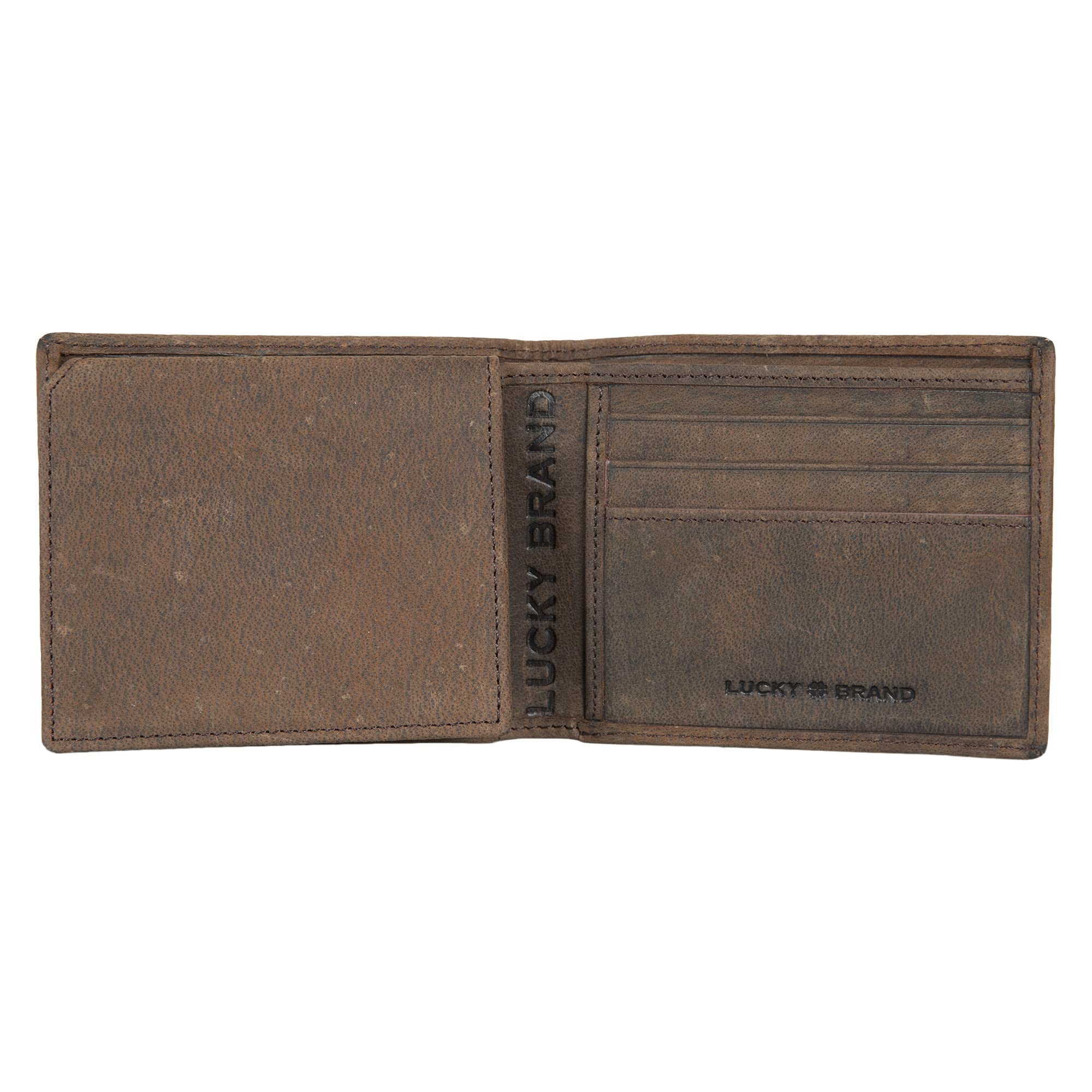 Lucky Brand Men's Embossed Bifold Wallet (Available in Cotton Canvas, Grooved Leather-Brown, One Size