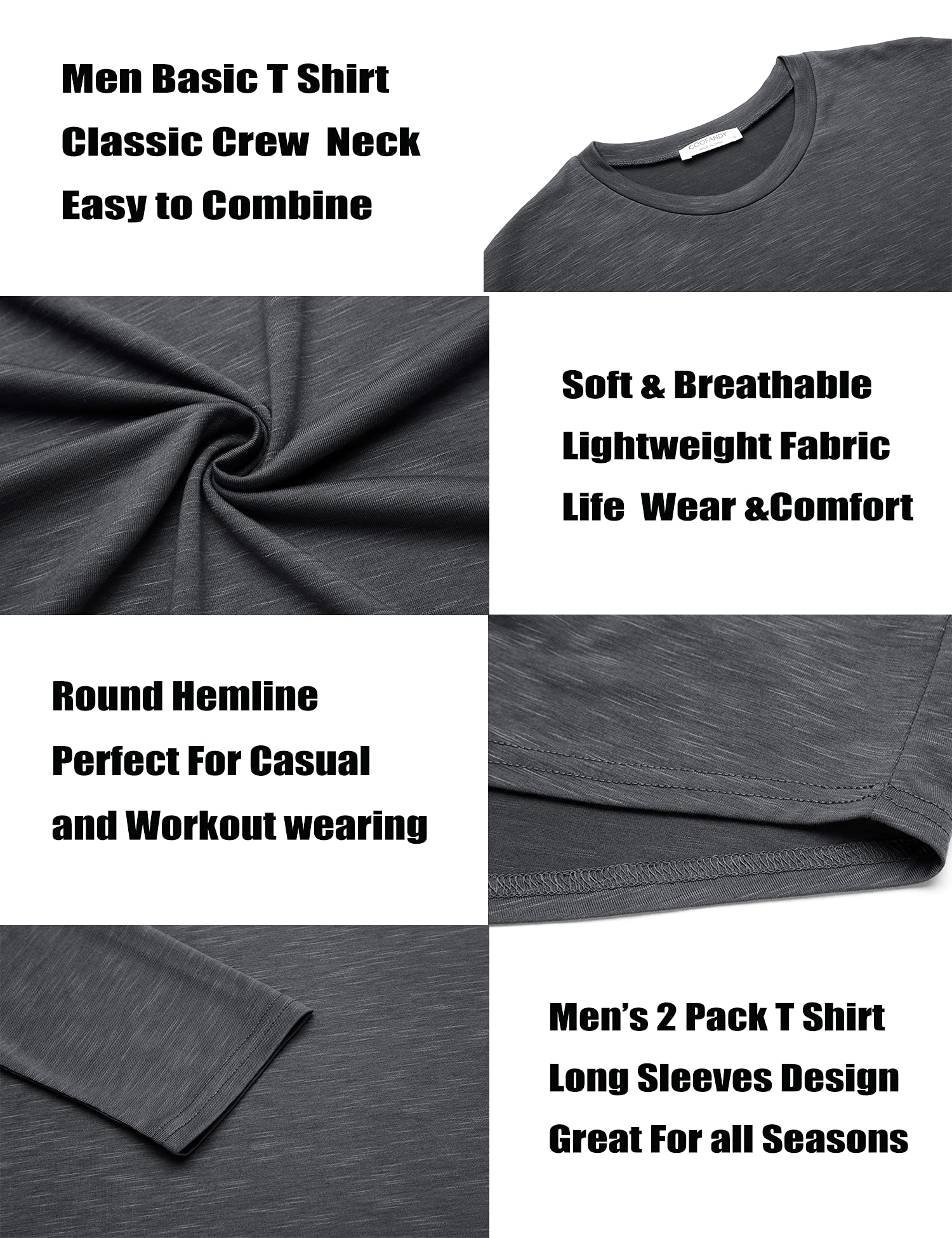 COOFANDY Men Workout T Shirt Fit Lightweight Cotton Fall Tee Big Tall Black/Grey