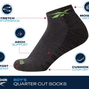 Reebok Boys' Quarter Socks - 12 Pack Stretch Performance Quarter Cut Arch Support Socks - Cushioned Athletic Socks for Boys, Size Large, Black/White/Grey Assortment