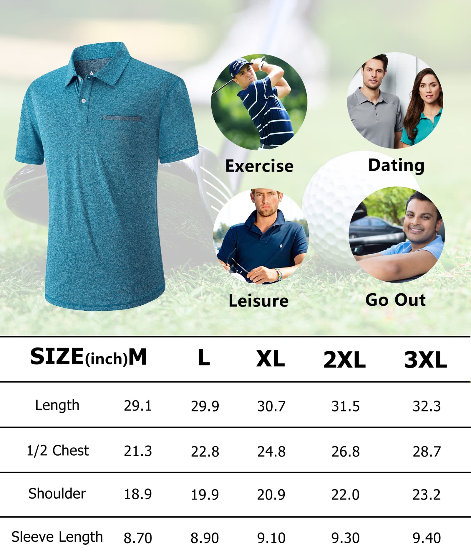 V VALANCH Men's Polo Shirts Sport Casual Short Sleeve Golf Polo Moisture Wicking Collared Tennis T-Shirt Aque Blue L