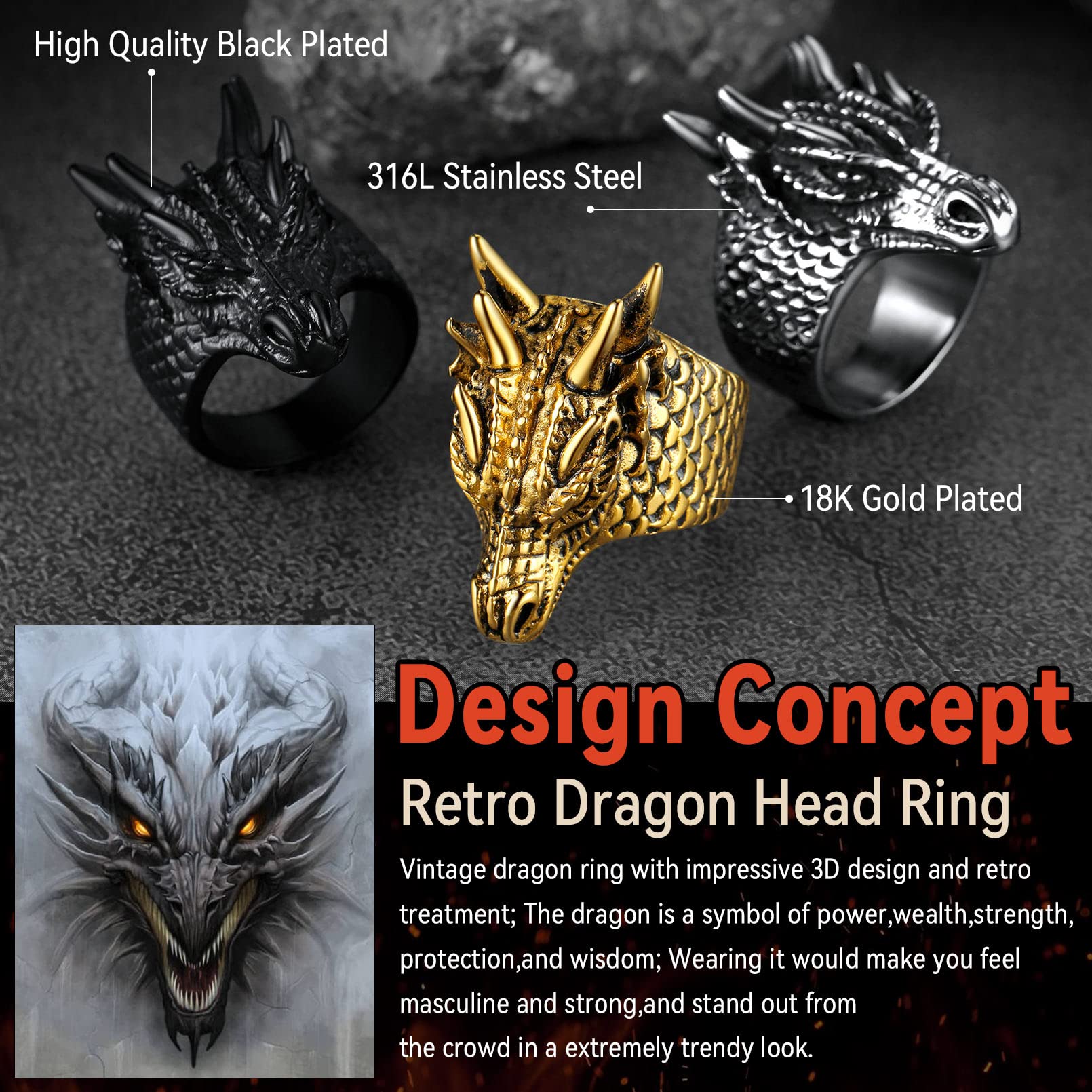 FaithHeart Punk Dragon Ring for Women Hip-hop Design Nordic Mythology Jewelry for Male