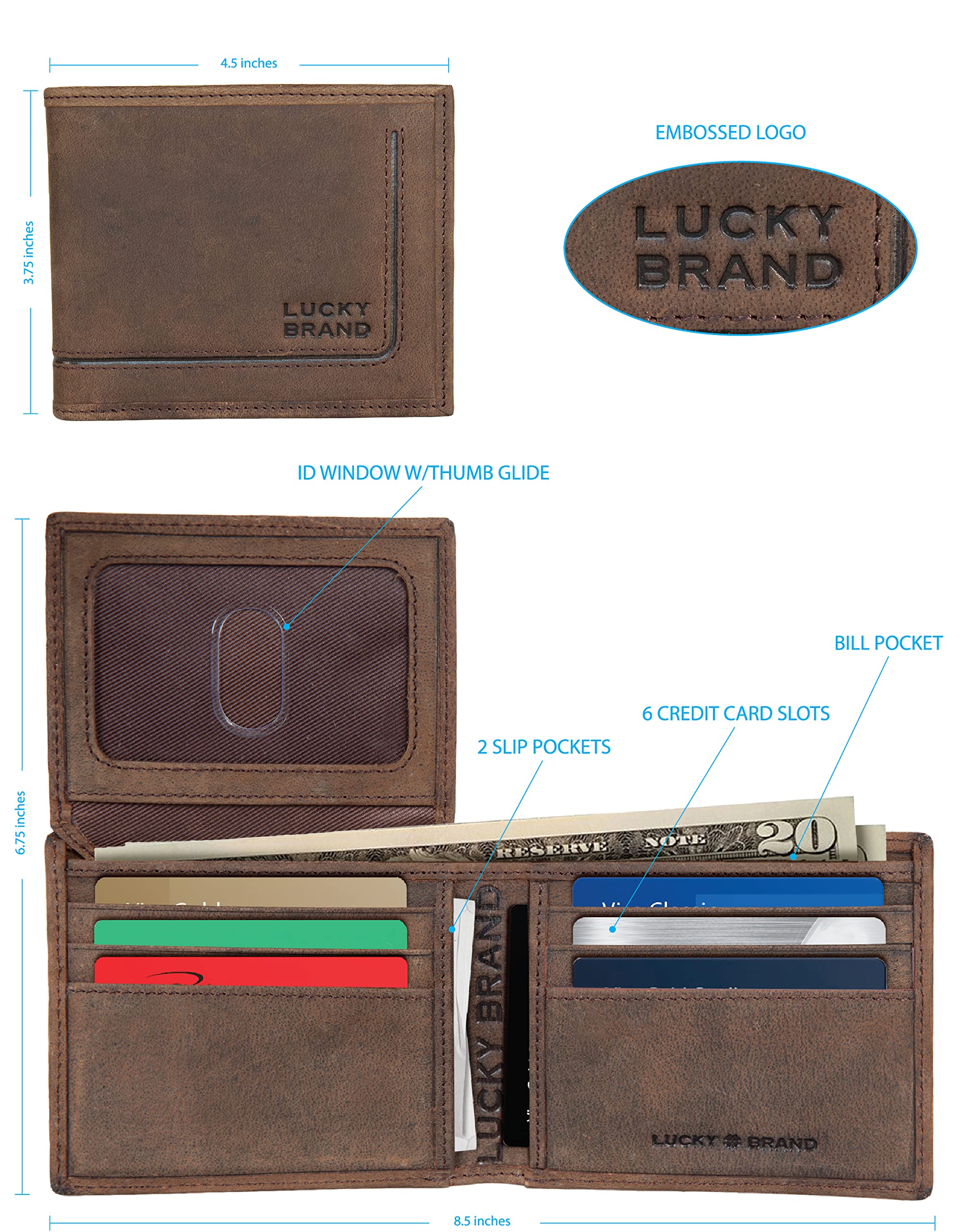 Lucky Brand Men's Embossed Bifold Wallet (Available in Cotton Canvas, Grooved Leather-Brown, One Size