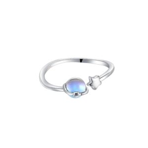 Moonstone Planet Star Ring 925 Sterling Silver for Women Celestial Saturn Adjustable Open Wrap Finger Rings Comfort Fit Cute Dainty Birthday Christmas Jewelry Gift for Daughter Sister