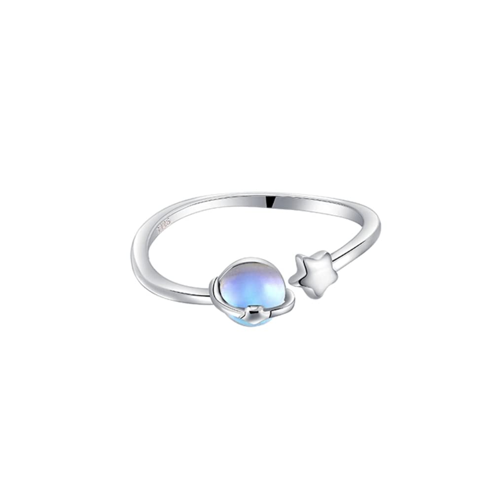 Moonstone Planet Star Ring 925 Sterling Silver for Women Celestial Saturn Adjustable Open Wrap Finger Rings Comfort Fit Cute Dainty Birthday Christmas Jewelry Gift for Daughter Sister