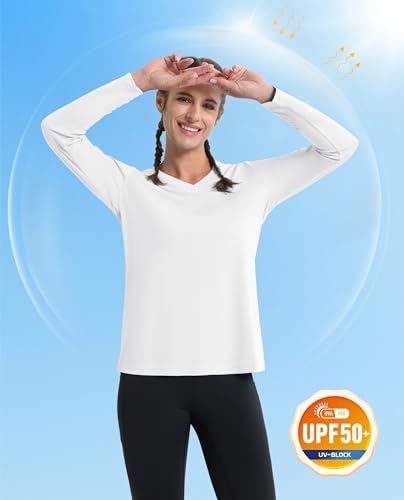 MAGCOMSEN Women's UPF 50+ Long Sleeve Tops Dry Fit UV Protection Shirts Sweat Wicking Athletic Tees for Summer White, M