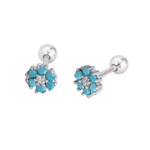 18G Tiny CZ Flower Ball Cartilage Stud Earrings 925 Sterling Silver for Women Girls Hypoallergenic for Sensitive Piercing Ear Cute Small Crystal Snowflake Studs Screw Back Tragus Post Dainty Jewelry (Turquoise)