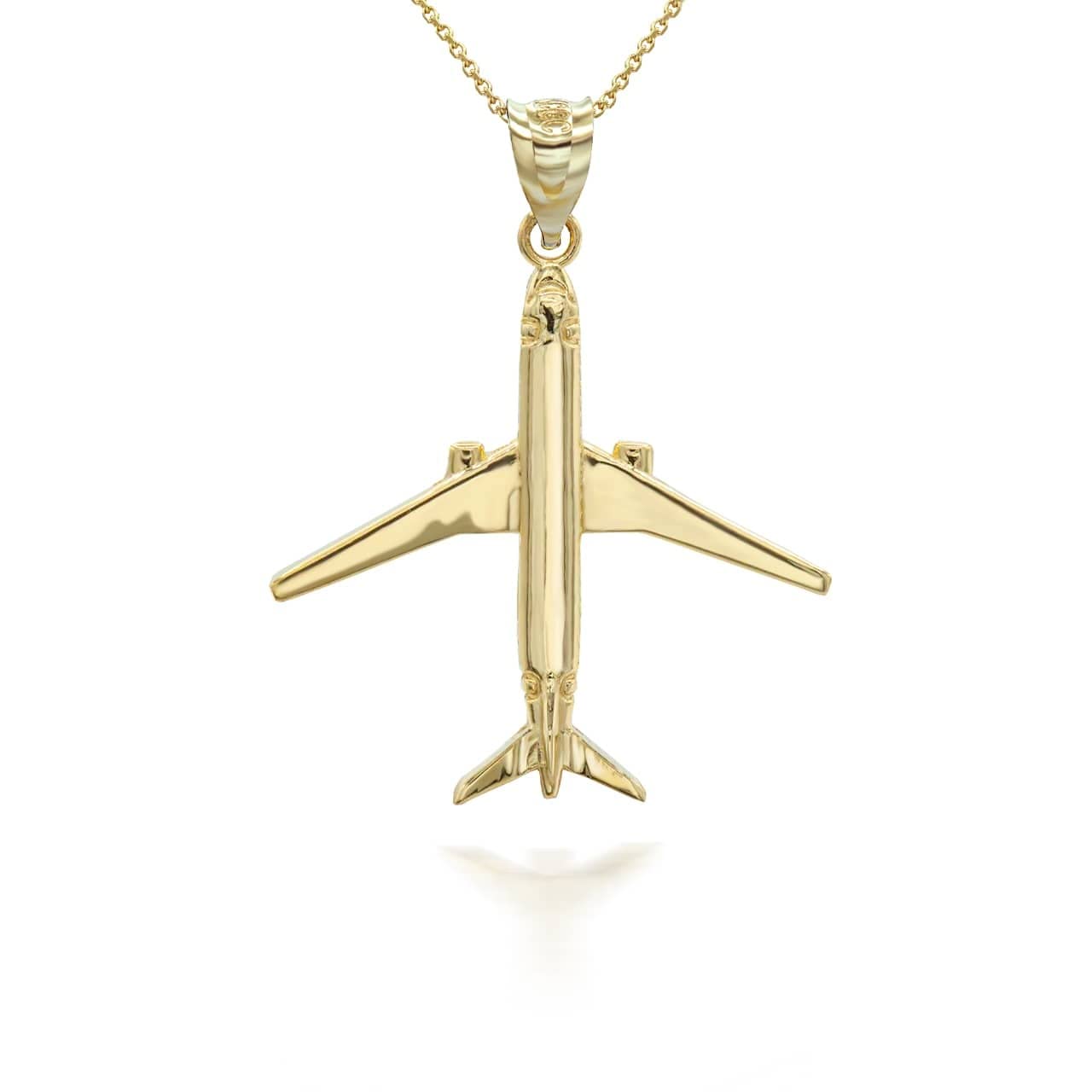 Polished 10K Yellow Gold Airplane Aircraft Aviation Traveler Charm Pendant Necklace (18")