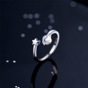 Moonstone Planet Star Ring 925 Sterling Silver for Women Celestial Saturn Adjustable Open Wrap Finger Rings Comfort Fit Cute Dainty Birthday Christmas Jewelry Gift for Daughter Sister