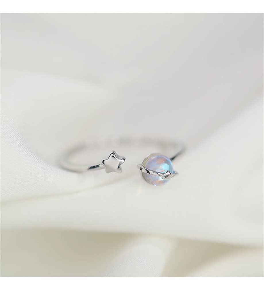 Moonstone Planet Star Ring 925 Sterling Silver for Women Celestial Saturn Adjustable Open Wrap Finger Rings Comfort Fit Cute Dainty Birthday Christmas Jewelry Gift for Daughter Sister