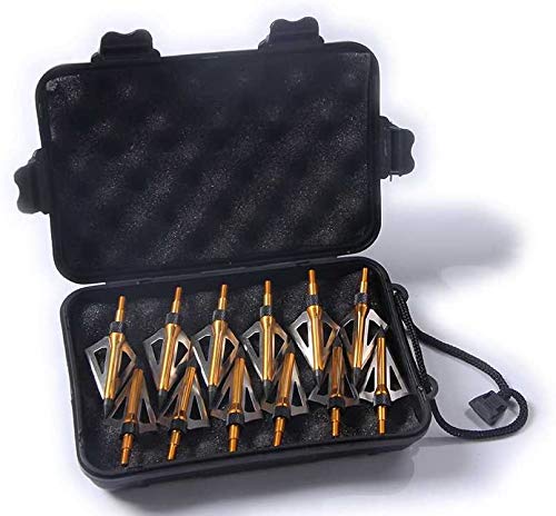 PG1ARCHERY 12 Pack 3 Fixed Blade Archery Hunting Broadheads 100 Grain with Case Arrow Head Screw-in Tips for Compound Bow & Crossbow (Golden)