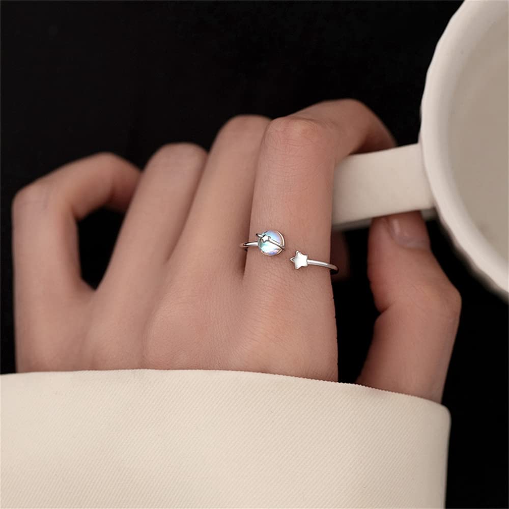 Moonstone Planet Star Ring 925 Sterling Silver for Women Celestial Saturn Adjustable Open Wrap Finger Rings Comfort Fit Cute Dainty Birthday Christmas Jewelry Gift for Daughter Sister