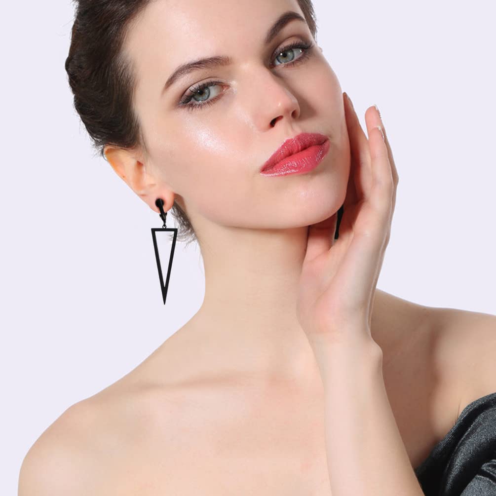 MUYAN Black Triangle Clip On Drop Earrings for Women Modern Black Metal Earrings Non Piercing Earrings Fashion Jewelry