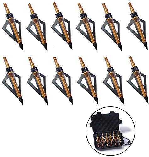 PG1ARCHERY 12 Pack 3 Fixed Blade Archery Hunting Broadheads 100 Grain with Case Arrow Head Screw-in Tips for Compound Bow & Crossbow (Golden)