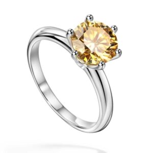 Michooyel 2ct Round Cut Moissanite Engagement Ring for Women Yellow Moissanite VVS1 Classic 6 Prongs Setting Solitaire Sterling Silver Women Rings