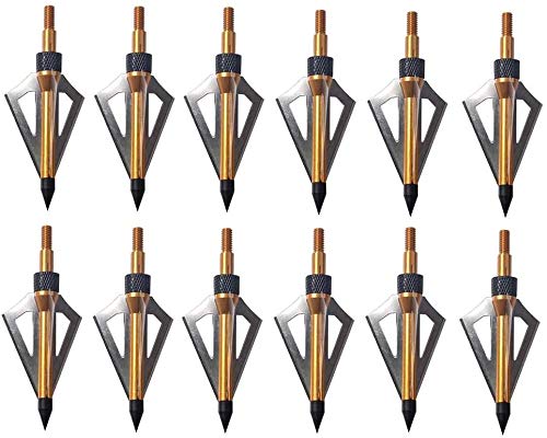 PG1ARCHERY 12 Pack 3 Fixed Blade Archery Hunting Broadheads 100 Grain with Case Arrow Head Screw-in Tips for Compound Bow & Crossbow (Golden)