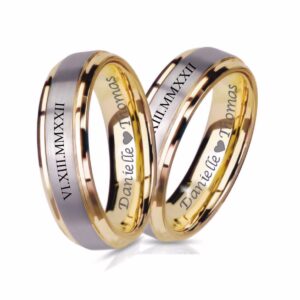 Personalized Stainless Steel Brushed Silver & Gold Ring Set Custom Engraved Free - Ships from USA