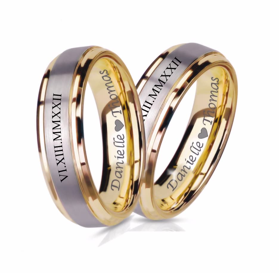 Personalized Stainless Steel Brushed Silver & Gold Ring Set Custom Engraved Free - Ships from USA