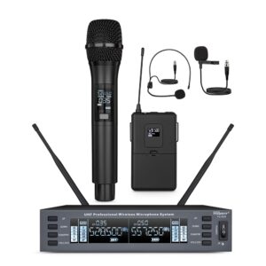 Hiberr Vocal Wireless Microphone, Dual Channel UHF Wireless Mic 2x60 Adjustable Frequencies, Microphone Wireless Distance 300Ft Range, for Singing, Small Concerts, DJ Performances(YU-E20) (YU-E20HL)