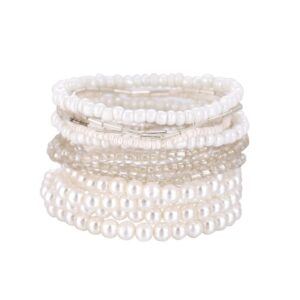 colorful bling women multilayer temperament imitated pearl stackable strand bracelets beaded seed heart rhinestone crystal stretch bracelet wedding wrist jewelry-multi white