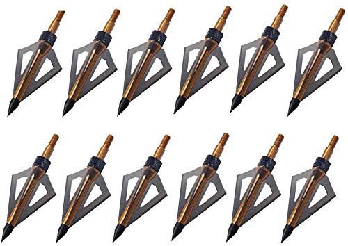 PG1ARCHERY 12 Pack 3 Fixed Blade Archery Hunting Broadheads 100 Grain with Case Arrow Head Screw-in Tips for Compound Bow & Crossbow (Golden)