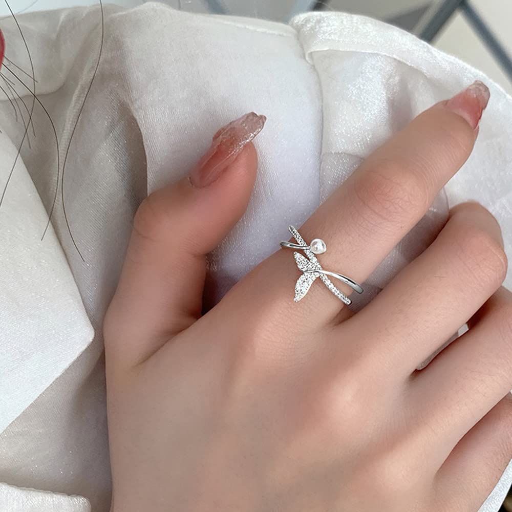 CZ Mermaid Silver Ring for Women Girls Adjustable Expandable Layered Dophin Fish Tail Shell Pearl Open Wrap Finger Rings Comfort Fit Dainty Birthday Wedding Anniverary Jewelry Gift Daughter Sister (Silver)