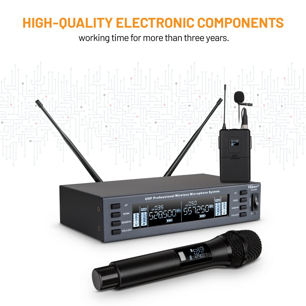 Hiberr Vocal Wireless Microphone, Dual Channel UHF Wireless Mic 2x60 Adjustable Frequencies, Microphone Wireless Distance 300Ft Range, for Singing, Small Concerts, DJ Performances(YU-E20) (YU-E20HL)