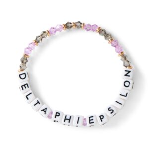 sorority shop delta phi epsilon bracelet — glass bead bracelet with dpe name beads and 18k gold accent beads, greek sorority jewelry for big little sorority gifts