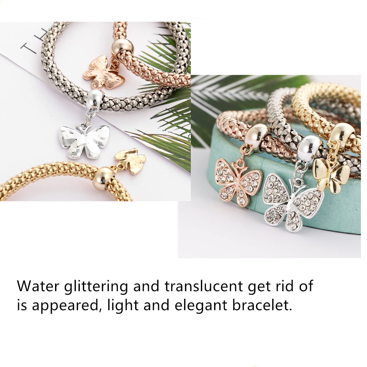 Corn Chain Bracelet, Crystal Multilayer Charms Stretch Bracelet, Butterfly Bracelet, 3PCS Gold/Silver/Rose Gold Corn Chain Bracelet for Women