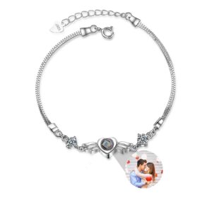 RWQDZOM Custom Photo Heart Projection Bracelet 925 Sterling Silver Adjustable Personalized Circle Photo Bracelet Couple Bracelet Friendship Bracelet Birthday Anniversary Valentines Day ​Gifts