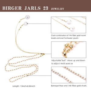 Birger Jarls 23 Gold Necklace for Women, AAAA+ Freshwater Pearl Necklace, Dainty Gold Layered Back Necklace for Women Girls Wedding Luxury Jewelry