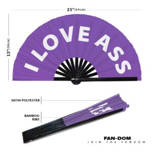 I Love Ass Hand Fan Foldable Bamboo Circuit Hand Fan Funny Gag Curse Words Expressions Statement Gifts Festival Accessories Rave Handheld Circuit Event Fan Clack Fans (Purple)