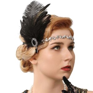 GENBREE 1920s Flapper Headband Black Feather Headpiece Rhinestone Headbands Cocktail Head Accessories for Women(Pattern 3)