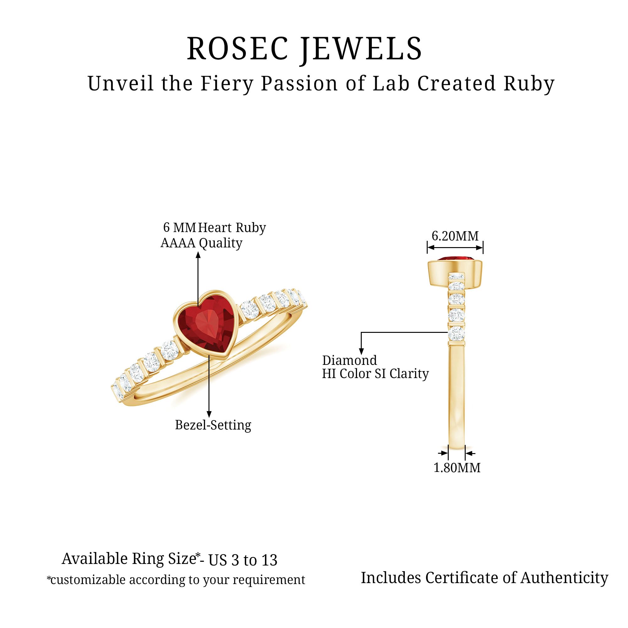 Rosec Jewels Certified Lab Grown Ruby 6mm Heart Shaped Engagement Ring, AAAA Quality, Ruby Diamond Heart Ring (Ready to Gift), 14K Yellow Gold, Size:US 7.00