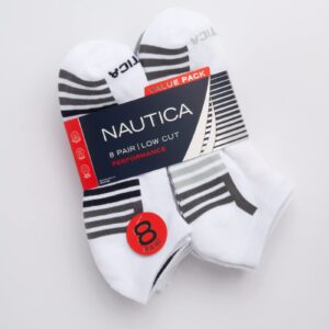 Nautica Men's Low Cut Socks - 8 Pack Comfort Cushioned Athletic Ankle Socks for Men - Casual Men's Sports Socks, Size 6-12.5, White Stripe