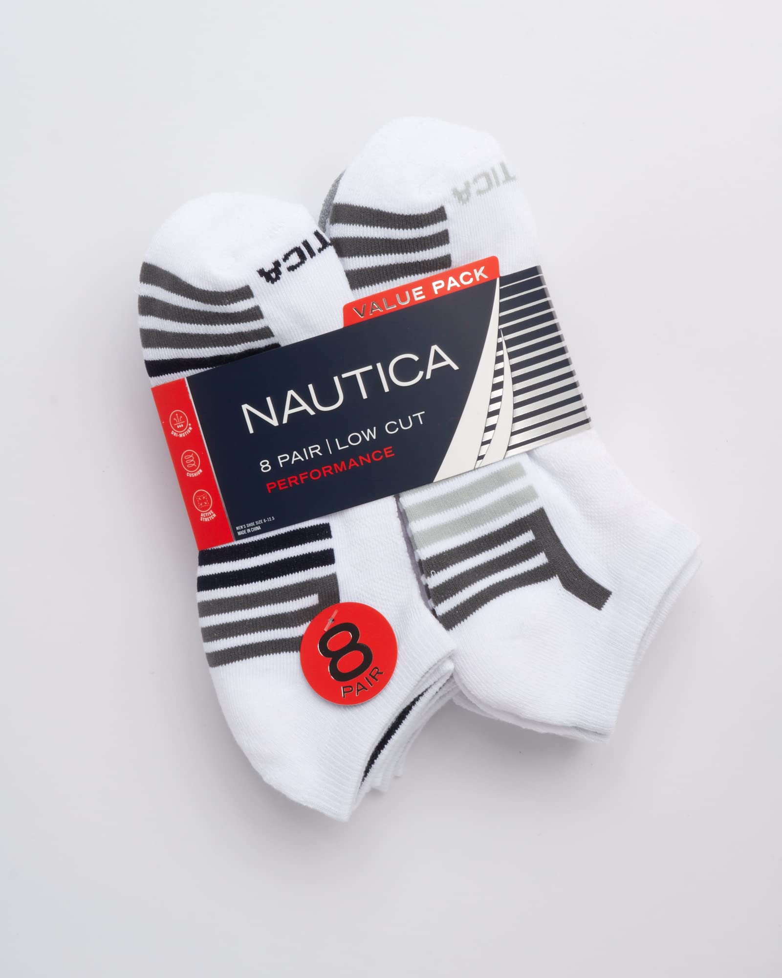 Nautica Men's Low Cut Socks - 8 Pack Comfort Cushioned Athletic Ankle Socks for Men - Casual Men's Sports Socks, Size 6-12.5, White Stripe