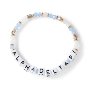 sorority shop alpha delta pi bracelet — glass bead bracelet with adp name beads and 18k gold accent beads, greek sorority jewelry for big little sorority gifts