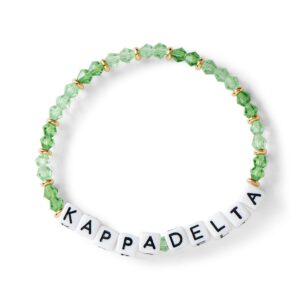 sorority shop kappa delta bracelet — glass bead bracelet with kd name beads and 18k gold accent beads, greek sorority jewelry for big little sorority gifts