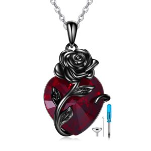 AOBOCO Sterling Silver Heart Urn Necklace for Ashes Womens Rose Cremation Jewelry (Black Rose Urn)