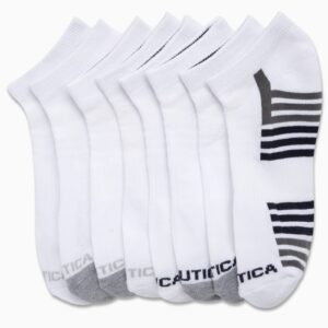 Nautica Men's Low Cut Socks - 8 Pack Comfort Cushioned Athletic Ankle Socks for Men - Casual Men's Sports Socks, Size 6-12.5, White Stripe