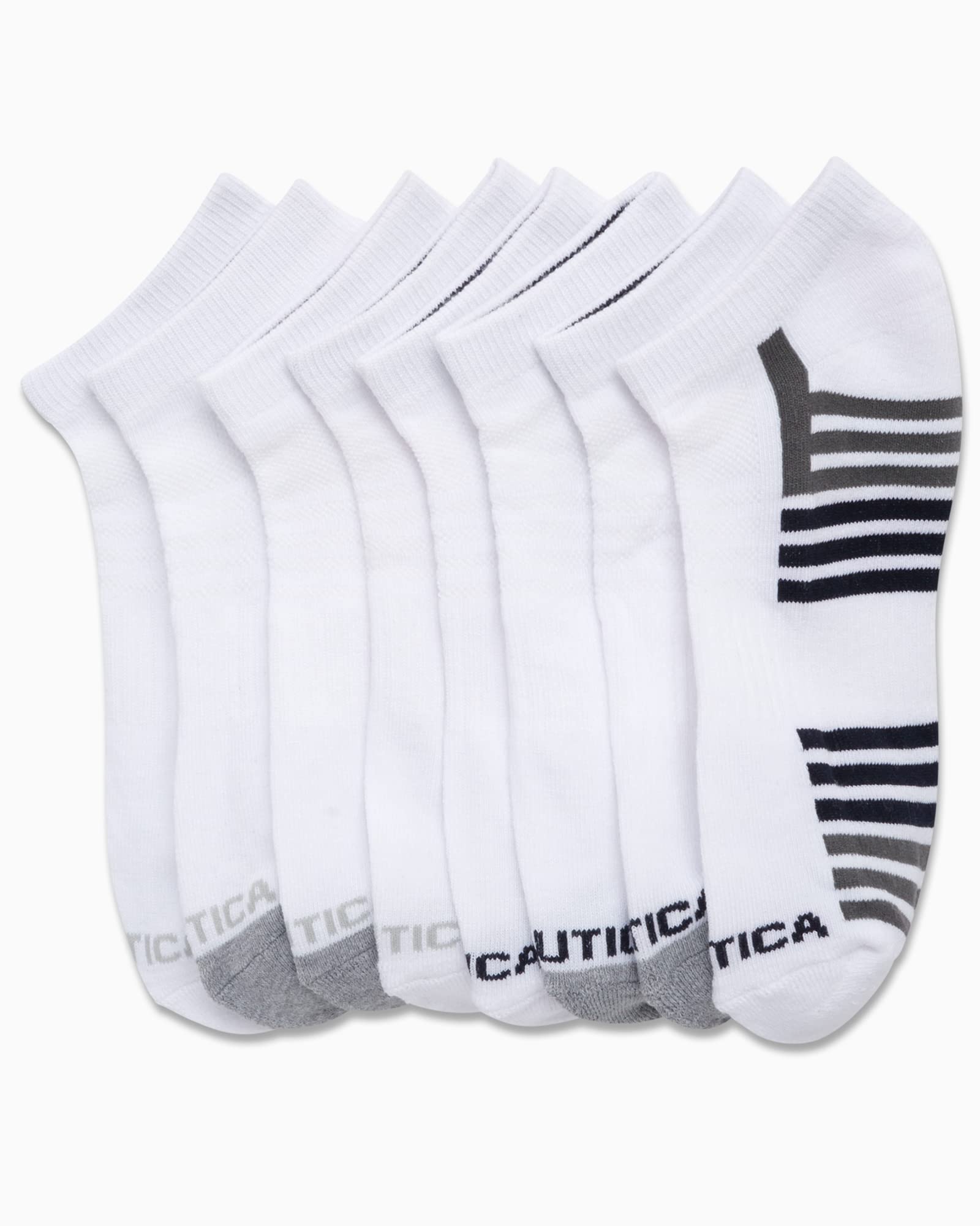 Nautica Men's Low Cut Socks - 8 Pack Comfort Cushioned Athletic Ankle Socks for Men - Casual Men's Sports Socks, Size 6-12.5, White Stripe