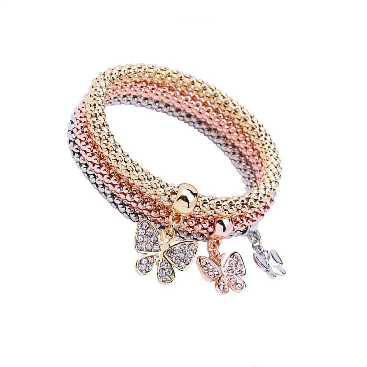 Corn Chain Bracelet, Crystal Multilayer Charms Stretch Bracelet, Butterfly Bracelet, 3PCS Gold/Silver/Rose Gold Corn Chain Bracelet for Women