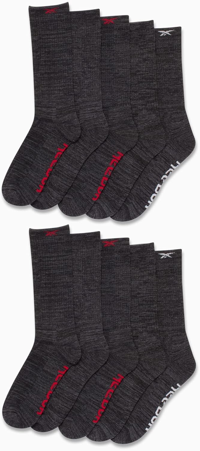 Reebok Men's Crew Socks - 10 Pack Stretch Performance Cushioned Crew Socks - Arch Support Athletic Socks for Men (6-12.5), Size 6-12.5, Ash Grey